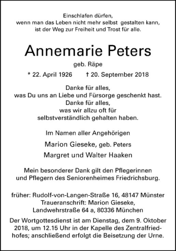 Anzeige von Annemarie Peters von Westfälische Nachrichten