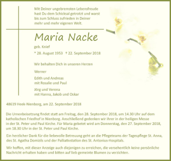 Anzeige von Maria Nacke von Westfälische Nachrichten