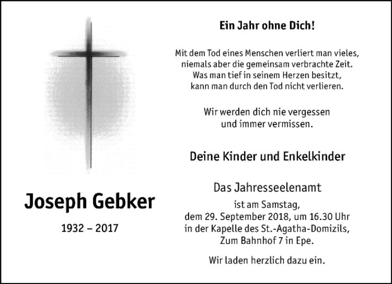  Traueranzeige für Joseph Gebker vom 26.09.2018 aus Westfälische Nachrichten