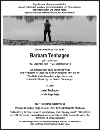 Anzeige von Barbara Tenhagen von Westfälische Nachrichten