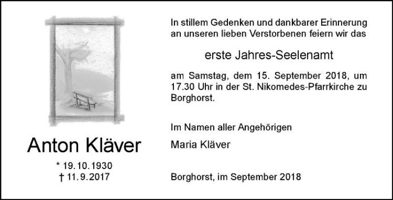  Traueranzeige für Anton Kläver vom 08.09.2018 aus Westfälische Nachrichten