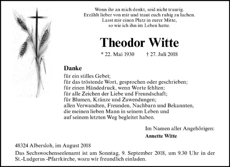  Traueranzeige für Theodor Witte vom 01.09.2018 aus Westfälische Nachrichten