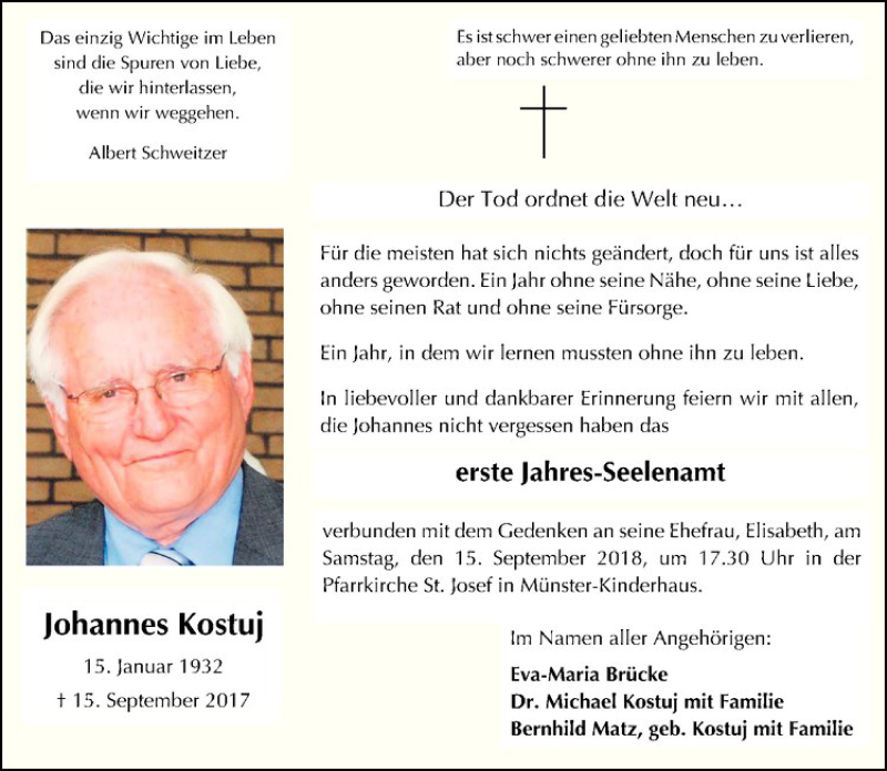  Traueranzeige für Johannes Kostuj vom 08.09.2018 aus Westfälische Nachrichten