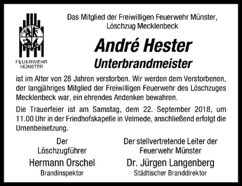  Traueranzeige für André Hester vom 22.09.2018 aus Westfälische Nachrichten