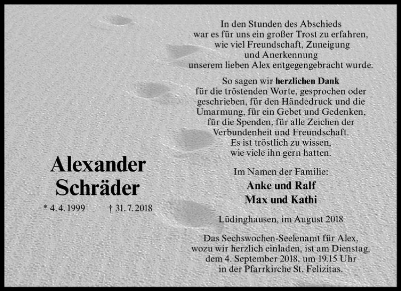  Traueranzeige für Alexander Schräder vom 01.09.2018 aus Westfälische Nachrichten