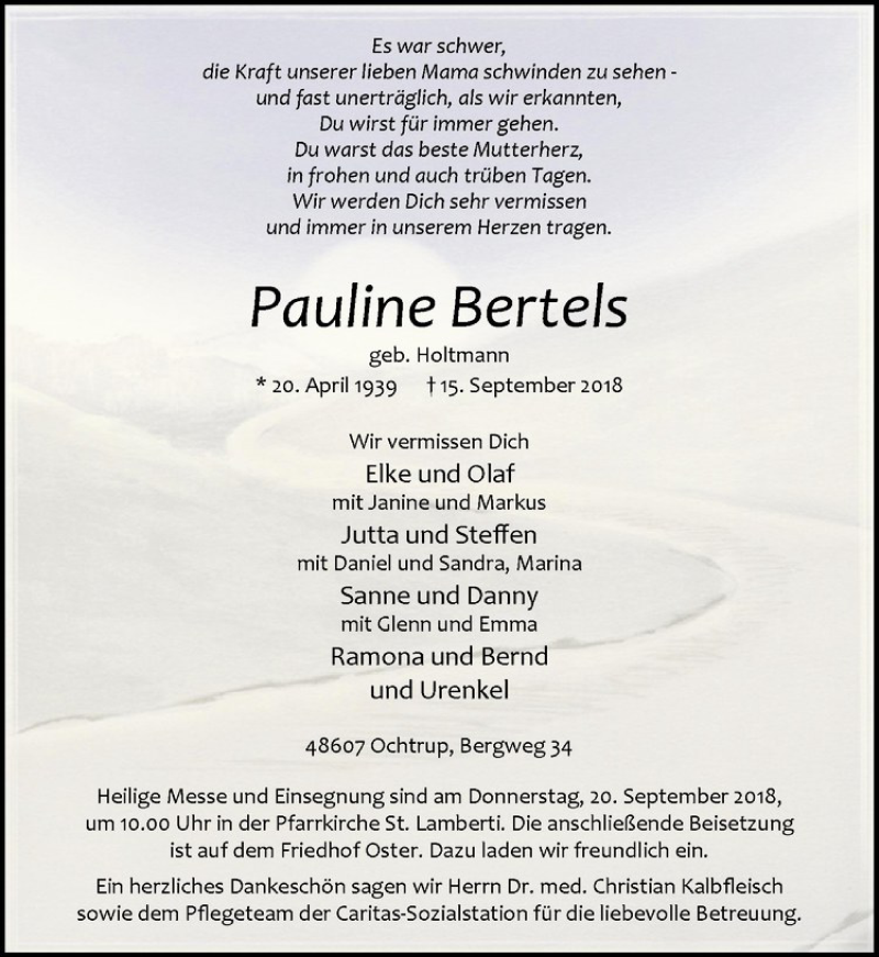  Traueranzeige für Pauline Bertels vom 18.09.2018 aus Westfälische Nachrichten