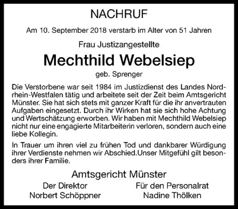  Traueranzeige für Mechtild Webelsiep vom 15.09.2018 aus Westfälische Nachrichten