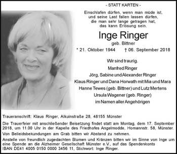 Anzeige von Inge Ringer von Westfälische Nachrichten