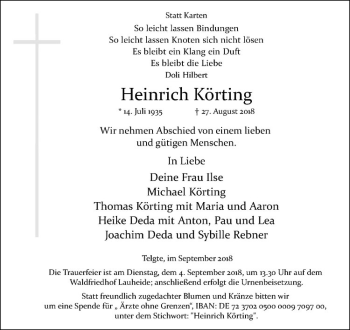 Anzeige von Heinrich Körting von Westfälische Nachrichten