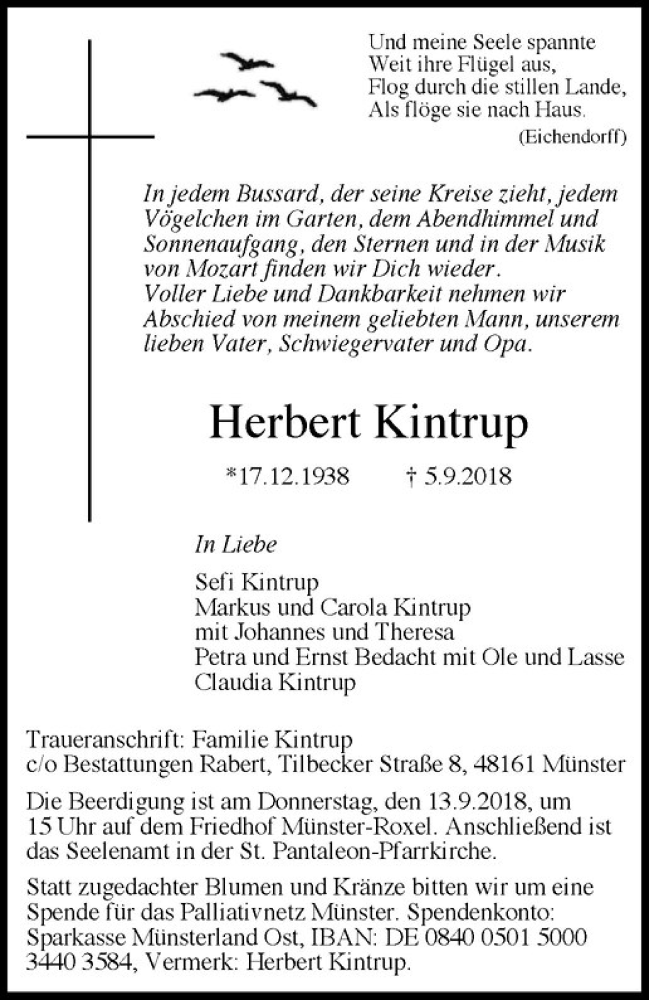  Traueranzeige für Herbert Kintrup vom 11.09.2018 aus Westfälische Nachrichten