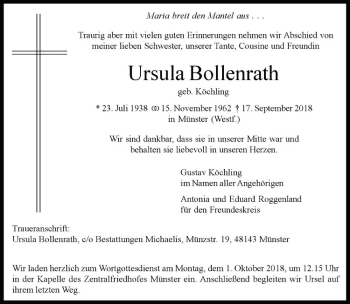 Anzeige von Ursula Bollenrath von Westfälische Nachrichten