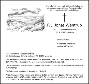 Anzeige von F. J. Jonas Wentrup von Westfälische Nachrichten