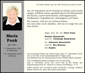 Anzeige von Maria Fonk von Westfälische Nachrichten
