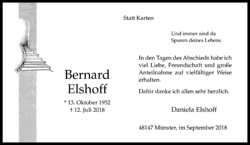  Traueranzeige für Bernard Elshoff vom 08.09.2018 aus Westfälische Nachrichten