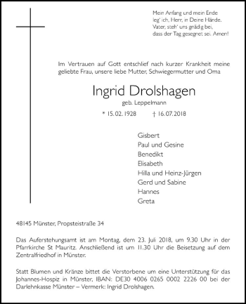 Anzeige von Ingrid Drolshagen von Westfälische Nachrichten