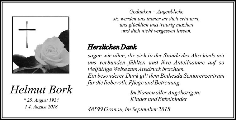  Traueranzeige für Helmut Bork vom 15.09.2018 aus Westfälische Nachrichten