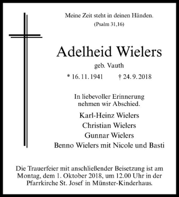 Anzeige von Adelheid Wielers von Westfälische Nachrichten