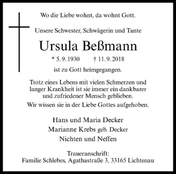 Anzeige von Ursula Beßmann von Westfälische Nachrichten