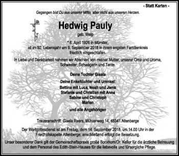 Anzeige von Hedwig Pauly von Westfälische Nachrichten
