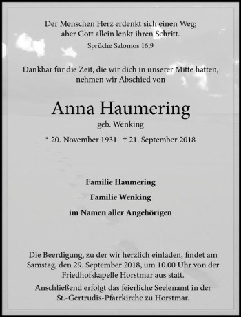 Anzeige von Anna Haumering von Westfälische Nachrichten