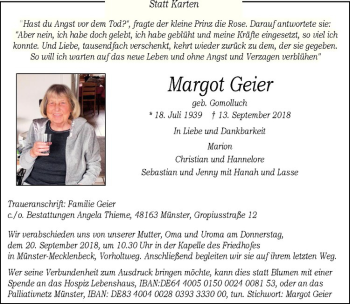 Anzeige von Margot Geier von Westfälische Nachrichten