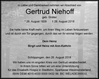 Anzeige von Gertrud Niehoff von Westfälische Nachrichten