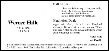 Anzeige von Werner Hille von Westfälische Nachrichten