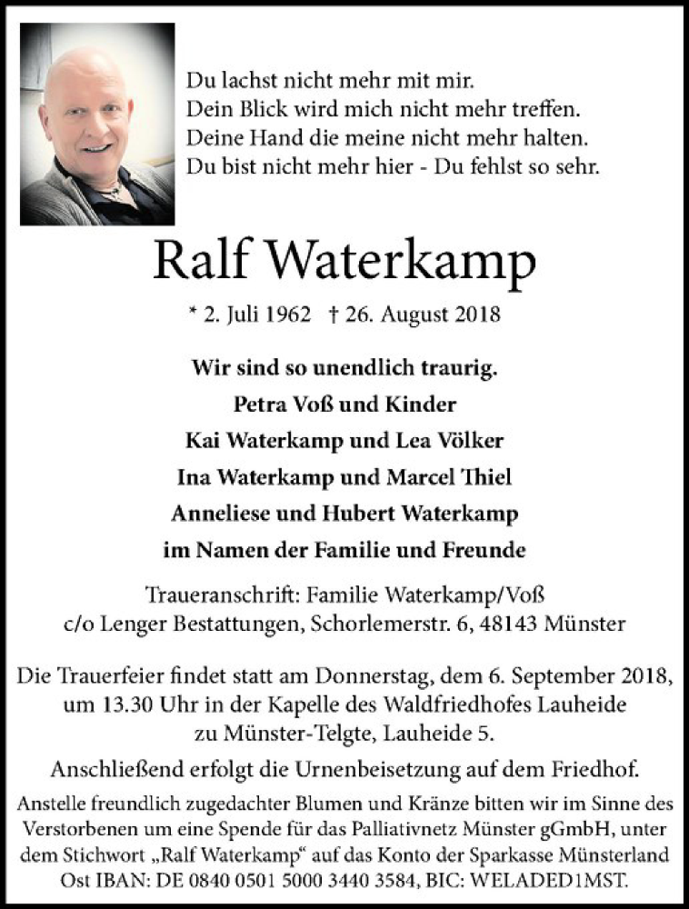  Traueranzeige für Ralf Waterkamp vom 29.08.2018 aus Westfälische Nachrichten