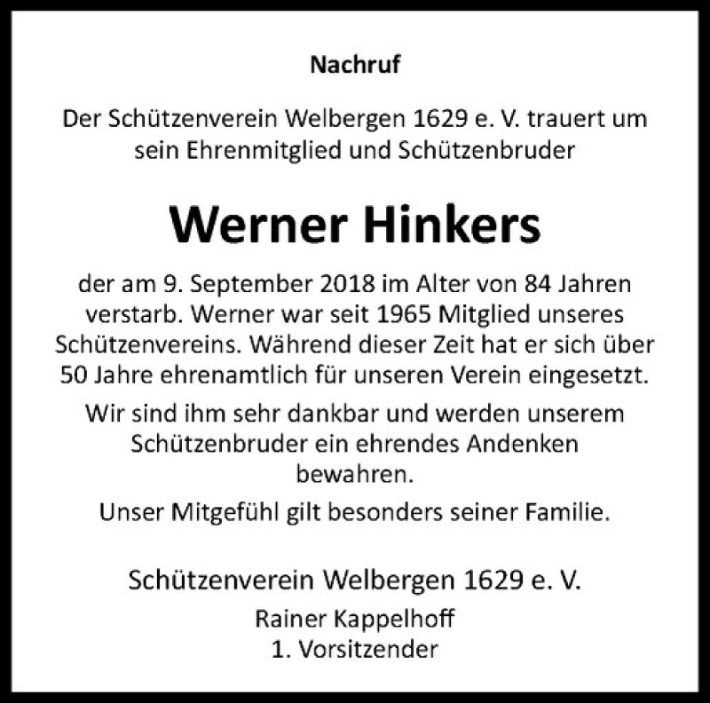  Traueranzeige für Werner Hinkers vom 14.09.2018 aus Westfälische Nachrichten