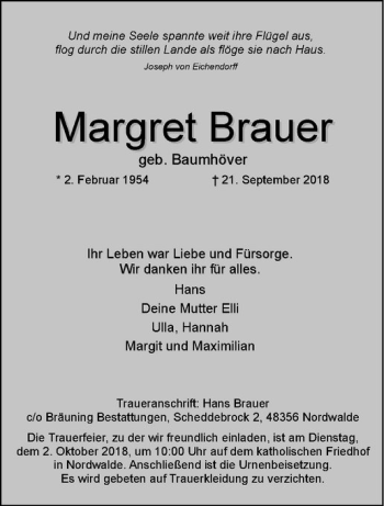 Anzeige von Margret Brauer von Westfälische Nachrichten