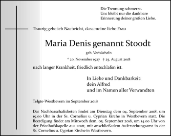 Anzeige von Maria Denis von Westfälische Nachrichten