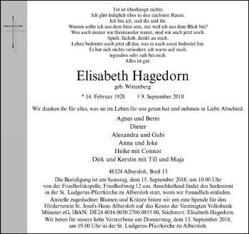Anzeige von Elisabeth Hagedorn von Westfälische Nachrichten