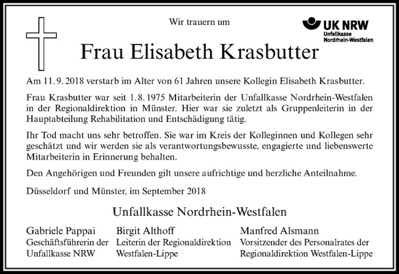  Traueranzeige für Elisabeth Krasbutter vom 22.09.2018 aus Westfälische Nachrichten