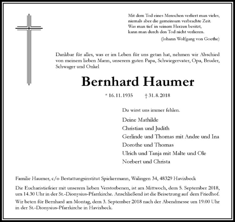  Traueranzeige für Bernhard Haumer vom 01.09.2018 aus Westfälische Nachrichten