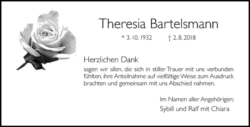  Traueranzeige für Theresia Bartelsmann vom 08.09.2018 aus Westfälische Nachrichten