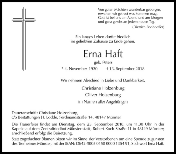 Anzeige von Erna Haft von Westfälische Nachrichten