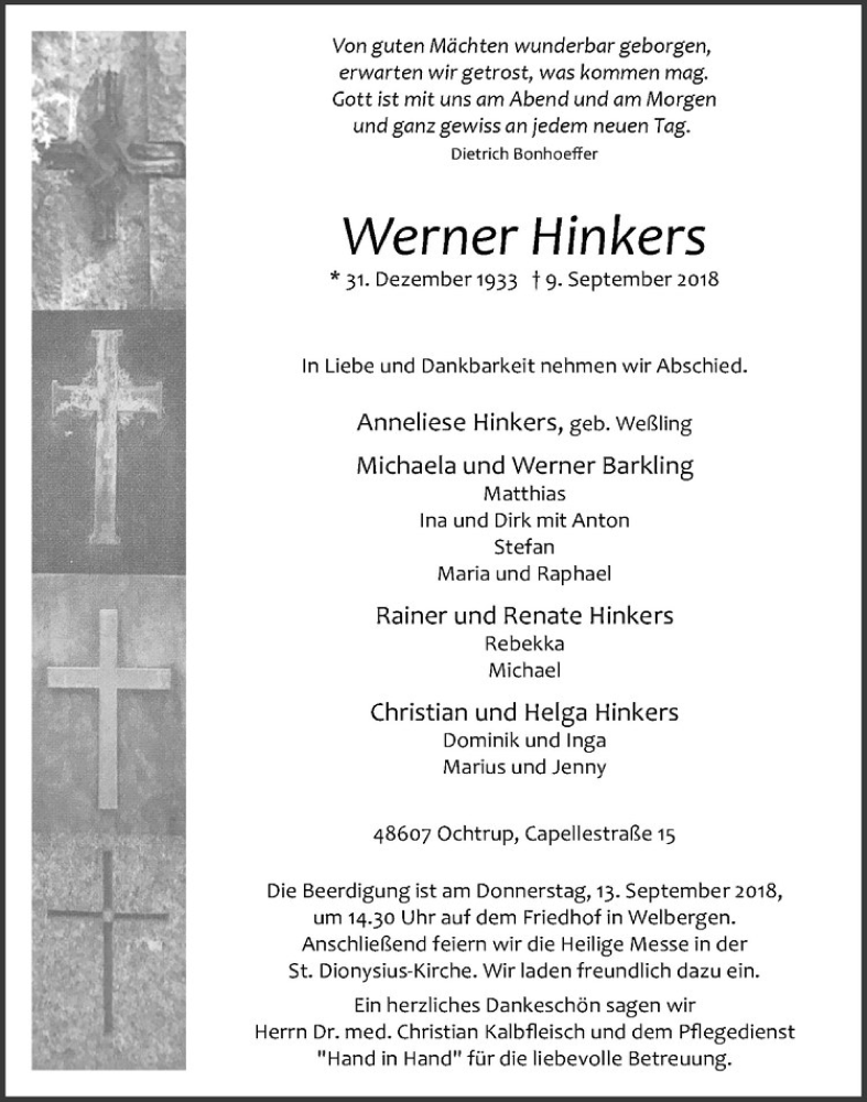  Traueranzeige für Werner Hinkers vom 11.09.2018 aus Westfälische Nachrichten