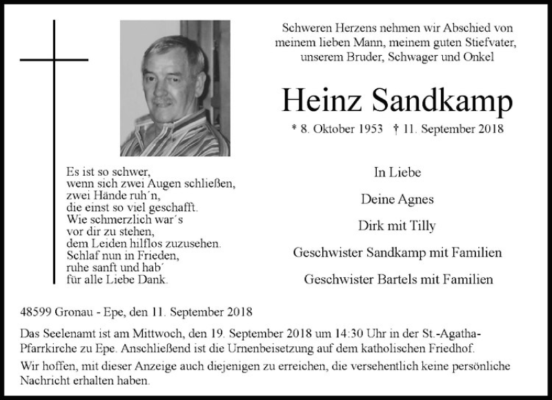  Traueranzeige für Heinz Sandkamp vom 15.09.2018 aus Westfälische Nachrichten