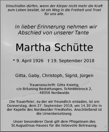 Anzeige von Martha Schütte von Westfälische Nachrichten
