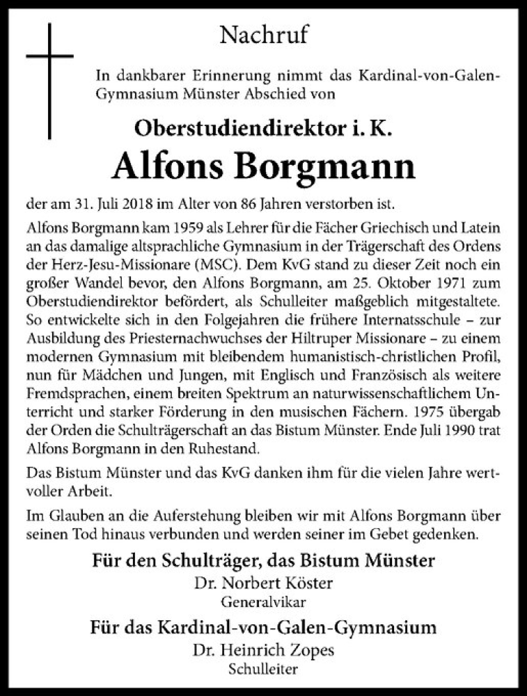  Traueranzeige für Alfons Borgmann vom 11.08.2018 aus Westfälische Nachrichten