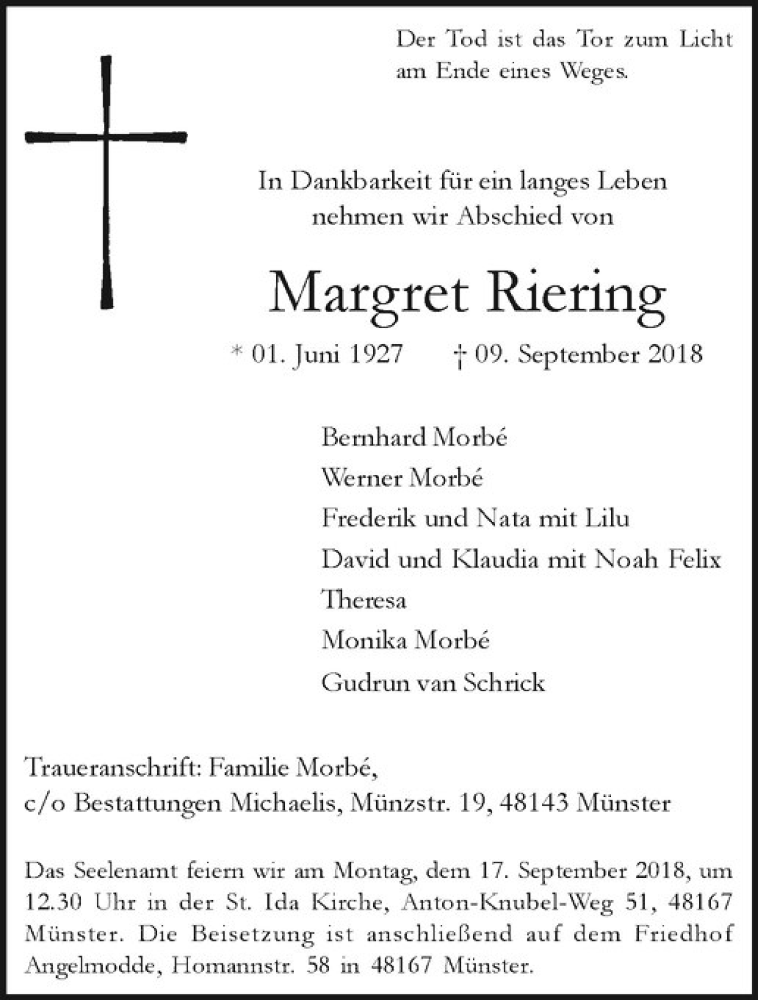  Traueranzeige für Margret Riering vom 13.09.2018 aus Westfälische Nachrichten