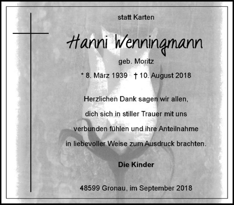  Traueranzeige für Hanni Wenningmann vom 08.09.2018 aus Westfälische Nachrichten