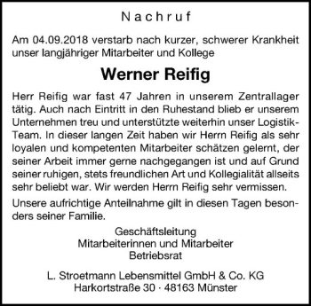 Anzeige von Werner Reifig von Westfälische Nachrichten