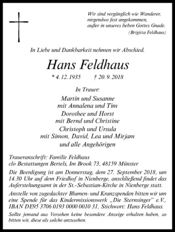 Anzeige von Hans Feldhaus von Westfälische Nachrichten