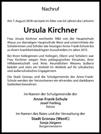 Anzeige von Ursula Kirchner von Westfälische Nachrichten
