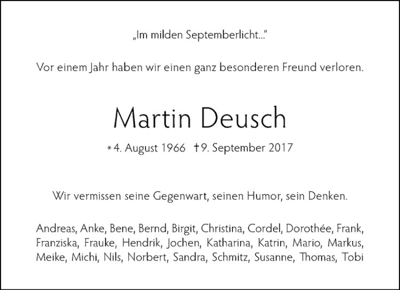  Traueranzeige für Martin Deusch vom 08.09.2018 aus Westfälische Nachrichten