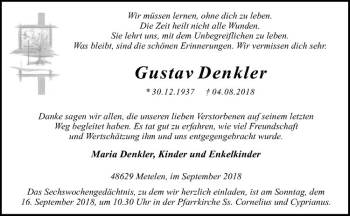 Anzeige von Gustav Denkler von Westfälische Nachrichten