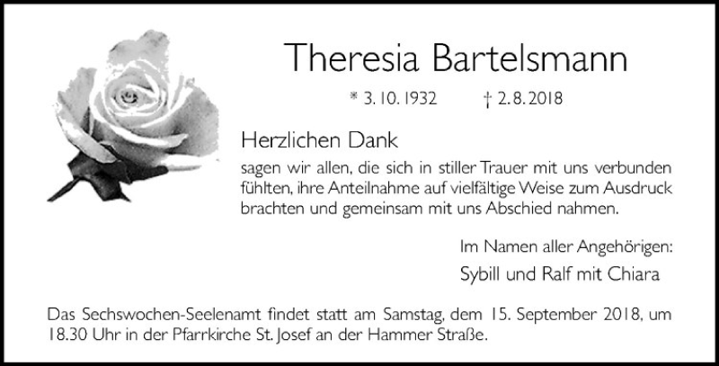  Traueranzeige für Theresia Bartelsmann vom 11.09.2018 aus Westfälische Nachrichten