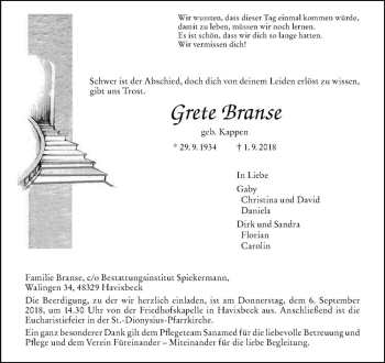 Anzeige von Grete Branse von Westfälische Nachrichten
