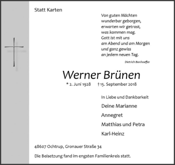 Anzeige von Werner Brünen von Westfälische Nachrichten